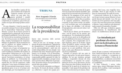 A La Vanguardia, sobre Carlos Mazón: “La responsabilitat de la presidència”