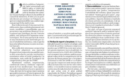 Article conjunt a l’ARA: “L’opa del BBVA sobre el Sabadell és contrària a l’interès general”